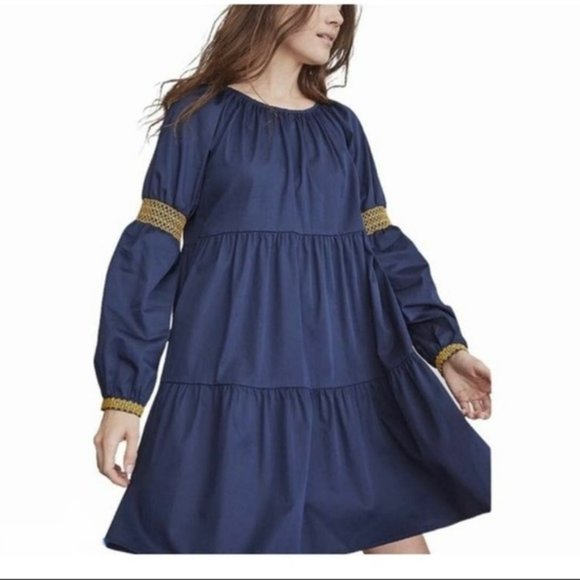 Elizabeth and James Dresses & Skirts - ELIZABETH AND JAMES NAVY W/GOLD BOHO LONG SLEEVE TIERED PEASANT BABYDOLL DRESS-L